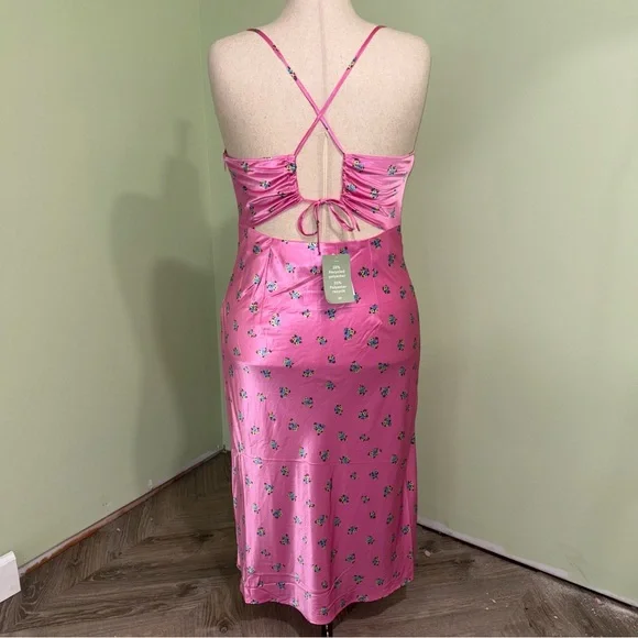 NWT H&M Pink Floral Satin Open Back Cowl Neck Maxi Dress Fairy Boho Women’s Sz L - Picture 2 of 7